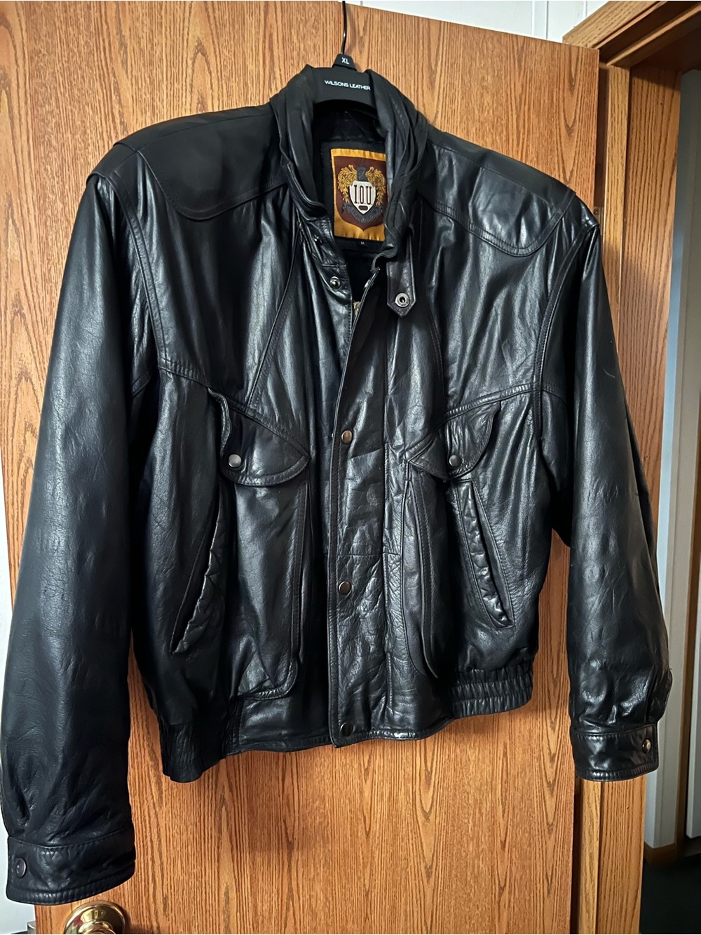 Men's Black Leather Bomber Jacket by I.O.U. Size M